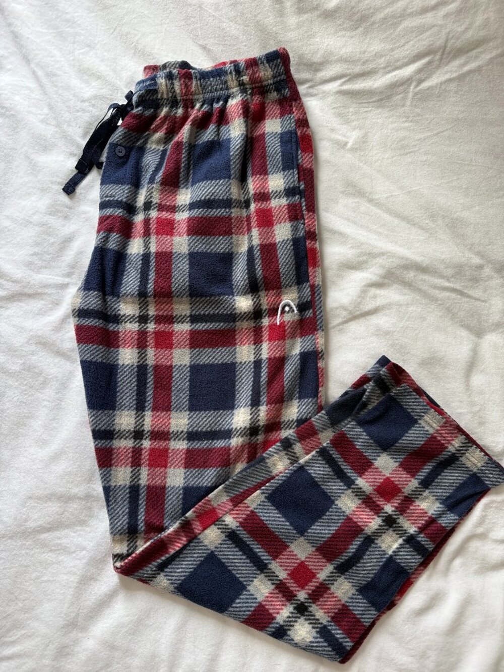 Mens Red, Blue, and White Plaid Fleece Pajama Pants - Large